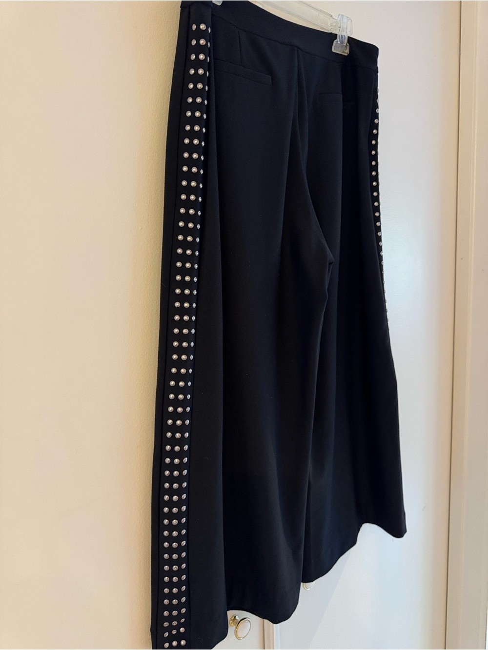 Lysse Black Wide-Leg Pants with Silver Stud Rivet Side Trim